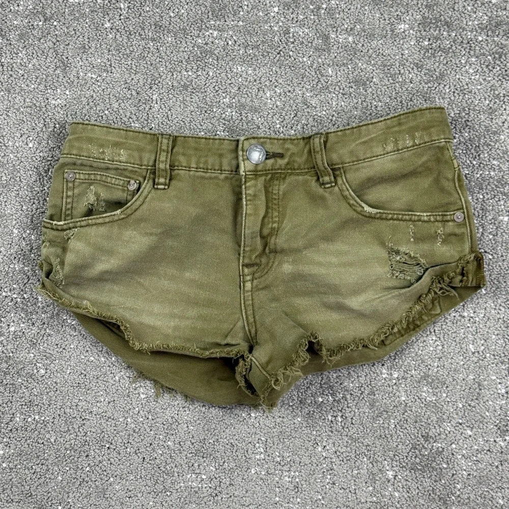 Free People Denim Shorts Womens 24 Olive Green Distressed Raw Hem Cut Offs
